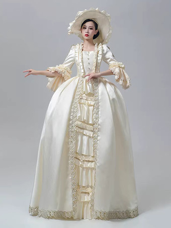 シャンパンカラー女性用ビクトリアンドレス シャンパン 長袖 レトロ ボールガウン 帽子付き