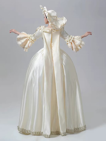 女性用ビクトリアンドレス シャンパン 長袖 レトロ ボールガウン 帽子付き