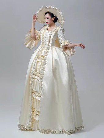 女性用ビクトリアンドレス シャンパン 長袖 レトロ ボールガウン 帽子付き