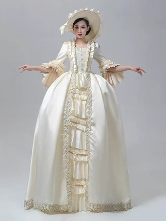 女性用ビクトリアンドレス シャンパン 長袖 レトロ ボールガウン 帽子付き