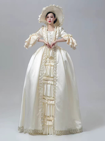 女性用ビクトリアンドレス シャンパン 長袖 レトロ ボールガウン 帽子付き