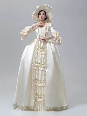 女性用ビクトリアンドレス シャンパン 長袖 レトロ ボールガウン 帽子付き