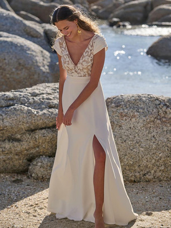 アイボリーボヘミアンウェディングドレス ストレッチクレープ レース Aライン トレーン付き ナチュラルウエスト ジッパー 半袖 Vネック ホワイト