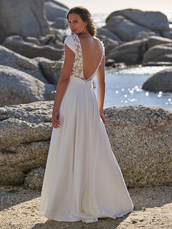 ボヘミアンウェディングドレス ストレッチクレープ レース Aライン トレーン付き ナチュラルウエスト ジッパー 半袖 Vネック ホワイト