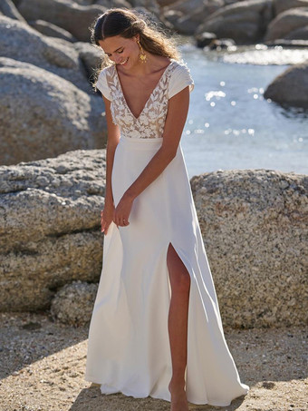 ホワイトボヘミアンウェディングドレス ストレッチクレープ レース Aライン トレーン付き ナチュラルウエスト ジッパー 半袖 Vネック ホワイト