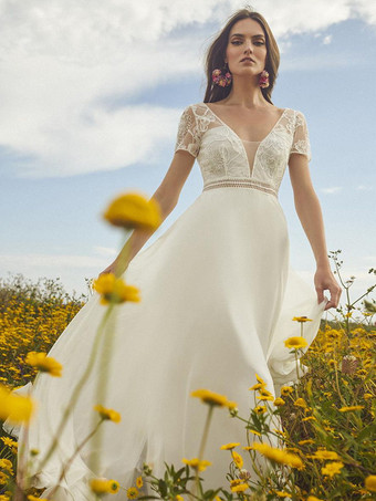 アイボリーボヘミアンウェディングドレス レースサッシュ Aライン トレーン付き ナチュラルウエスト ジッパー 半袖 Vネック アイボリー