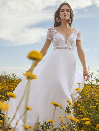 ホワイトボヘミアンウェディングドレス レースサッシュ Aライン トレーン付き ナチュラルウエスト ジッパー 半袖 Vネック アイボリー