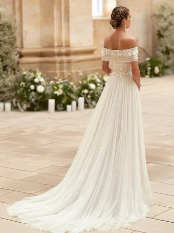 シンプルなウェディングドレス チュール ストラップレス 半袖 アップリケ Aライン ブライダルガウン