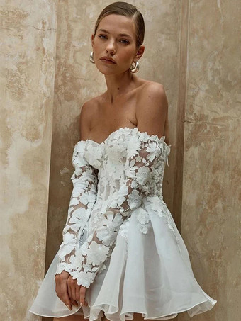 Marfil   Vestido de novia corto sin tirantes mangas 3/4 corte A cintura natural encaje