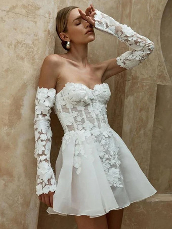 Vestido de novia corto sin tirantes mangas 3/4 corte A cintura natural encaje