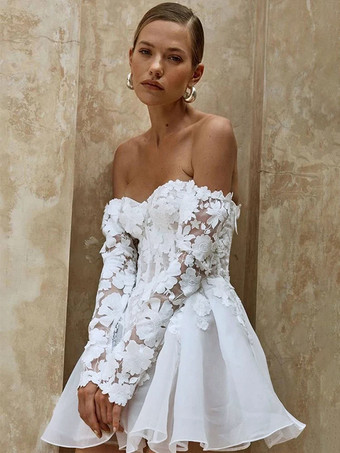 BlancoVestido de novia corto sin tirantes mangas 3/4 corte A cintura natural encaje