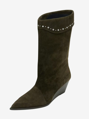 スエードミッドクラフブーツ レディース ポインテッドトゥ ラインストーン ウェッジヒール ブーティ