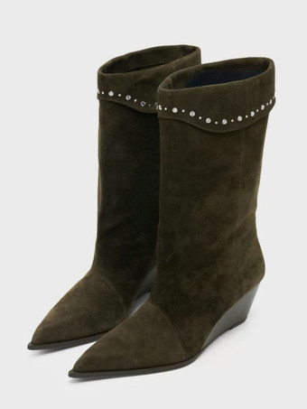 ブラック スエードミッドクラフブーツ レディース ポインテッドトゥ ラインストーン ウェッジヒール ブーティ