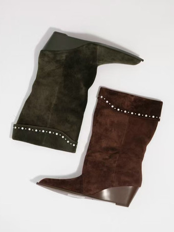 スエードミッドクラフブーツ レディース ポインテッドトゥ ラインストーン ウェッジヒール ブーティ