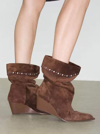 ブラウンスエードミッドクラフブーツ レディース ポインテッドトゥ ラインストーン ウェッジヒール ブーティ