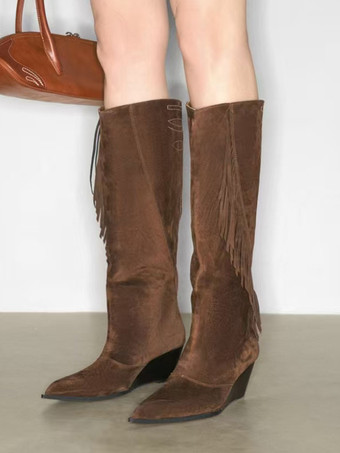 スエードニーハイブーツ レディース ポインテッドトゥ ウェッジヒール タッセル付きブーツ
