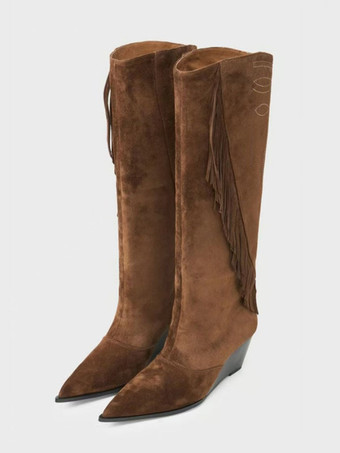 ブラウンスエードニーハイブーツ レディース ポインテッドトゥ ウェッジヒール タッセル付きブーツ