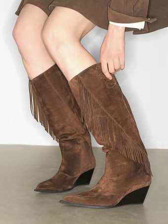 スエードニーハイブーツ レディース ポインテッドトゥ ウェッジヒール タッセル付きブーツ