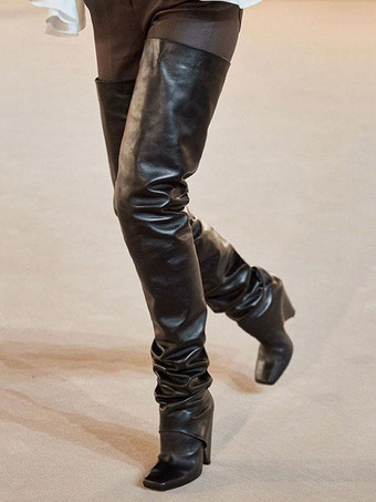 レディース サイハイブーツ スクエアトゥ デザインヒール ルーシュ オーバーニーブーツ