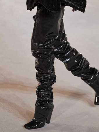 ブラック レディース サイハイブーツ スクエアトゥ デザインヒール ルーシュ オーバーニーブーツ