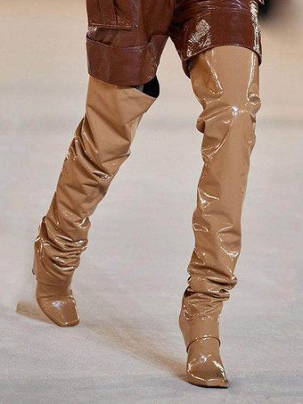 レディース サイハイブーツ スクエアトゥ デザインヒール ルーシュ オーバーニーブーツ