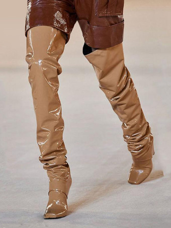 ディープアプリコットレディース サイハイブーツ スクエアトゥ デザインヒール ルーシュ オーバーニーブーツ