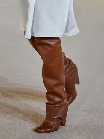 ブラウンレディース サイハイブーツ スクエアトゥ デザインヒール ルーシュ オーバーニーブーツ