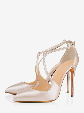 シャンパンカラーレディースハイヒール ポインテッドトゥ ノットハイヒールパンプス