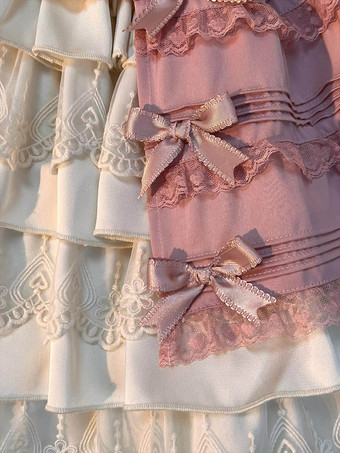 Abito Lolita rosa dolce con gonna a balze e fiocchi a cuore