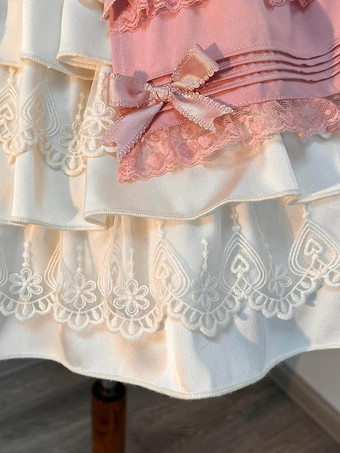 Abito Lolita rosa dolce con gonna a balze e fiocchi a cuore