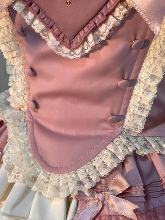 Abito Lolita rosa dolce con gonna a balze e fiocchi a cuore