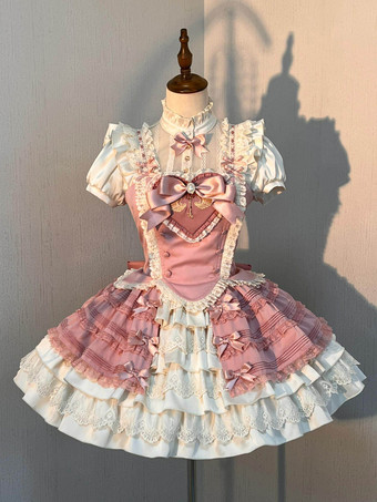 RosaAbito Lolita rosa dolce con gonna a balze e fiocchi a cuore