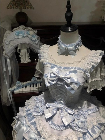 スイートバレエ姫ロリータドレス フリル ブルーケーキ ロリータドレス トレーン付き