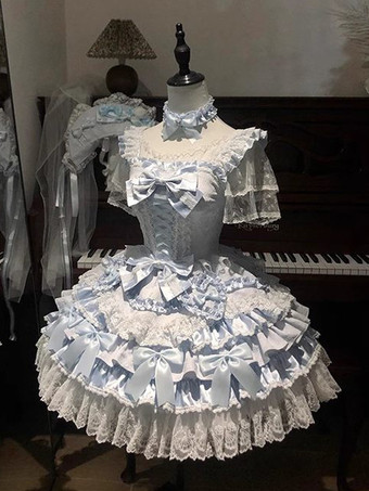 ブルー スイートバレエ姫ロリータドレス フリル ブルーケーキ ロリータドレス トレーン付き