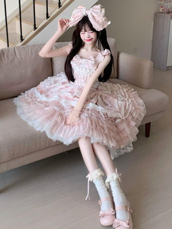 ピンクのスイートロリータドレス フリル レース リボン ケープ付きドレス セット