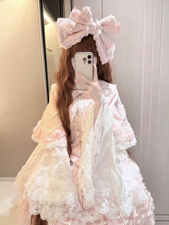 ピンクのスイートロリータドレス フリル レース リボン ケープ付きドレス セット