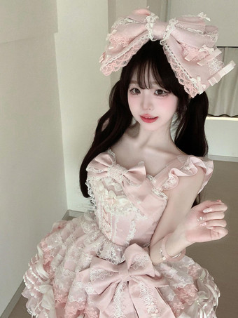 ピンクのスイートロリータドレス フリル レース リボン ケープ付きドレス セット