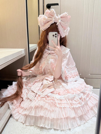 ピンクのスイートロリータドレス フリル レース リボン ケープ付きドレス セット