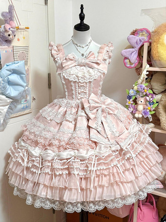 ピンクのスイートロリータドレス フリル レース リボン ケープ付きドレス セット