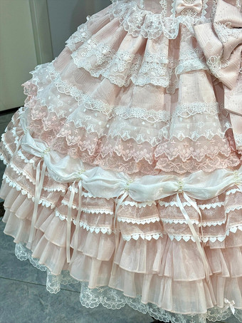 ピンクのスイートロリータドレス フリル レース リボン ケープ付きドレス セット