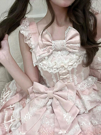 ピンクのスイートロリータドレス フリル レース リボン ケープ付きドレス セット