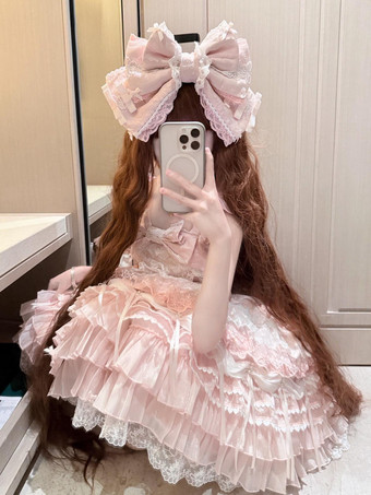 ピンクのスイートロリータドレス フリル レース リボン ケープ付きドレス セット
