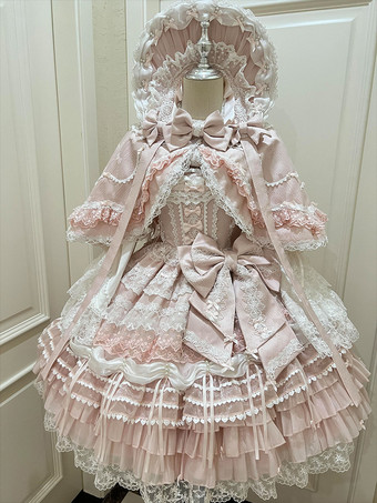 ピンクピンクのスイートロリータドレス フリル レース リボン ケープ付きドレス セット