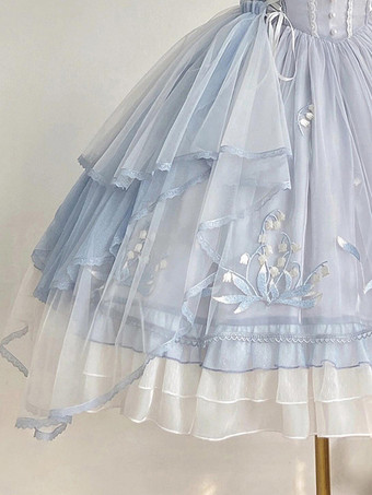スイートロリータJSKドレスライトスカイブルーフリルリボン刺繍袖付きロリータドレス