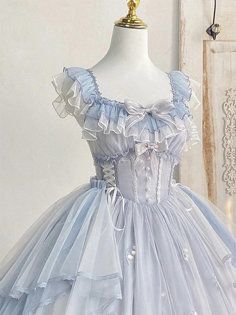 スイートロリータJSKドレスライトスカイブルーフリルリボン刺繍袖付きロリータドレス