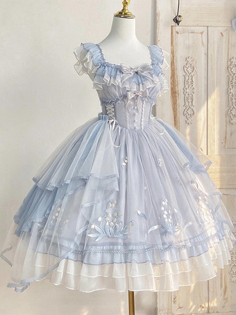 ライトスカイブルースイートロリータJSKドレスライトスカイブルーフリルリボン刺繍袖付きロリータドレス