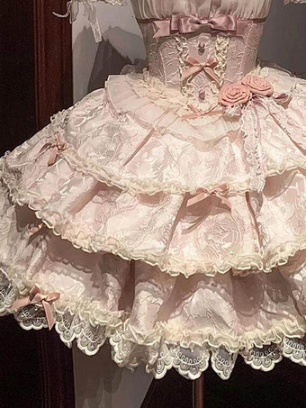 ピンクのスイートロリータドレス姫リボンフリル半袖トップスJSKドレスセット