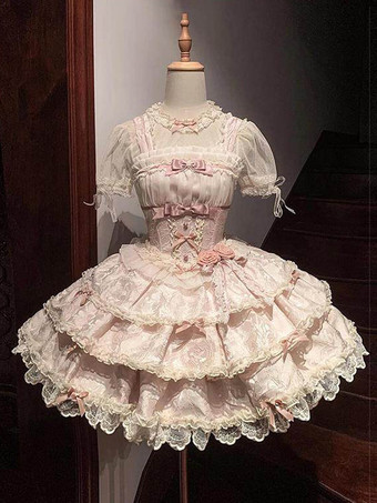 ピンクピンクのスイートロリータドレス姫リボンフリル半袖トップスJSKドレスセット