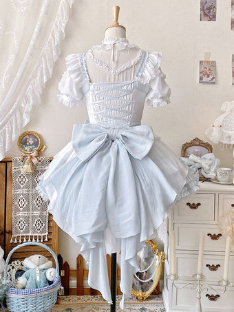スイートロリータドレス フリル リボン 半袖 トップス ライトスカイブルー ロリータドレスセット