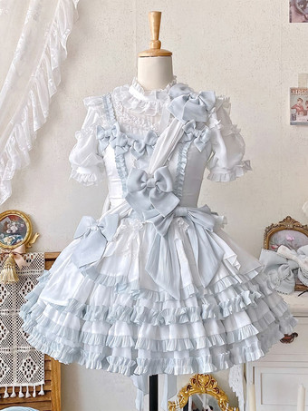 ライトスカイブルースイートロリータドレス フリル リボン 半袖 トップス ライトスカイブルー ロリータドレスセット